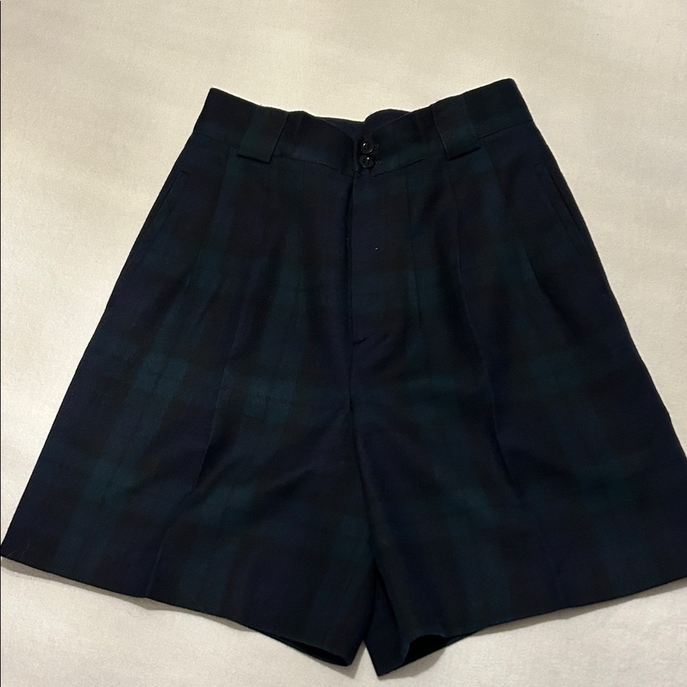 Vintage 100% Wool High Waist Plaid Shorts - Blue and Green